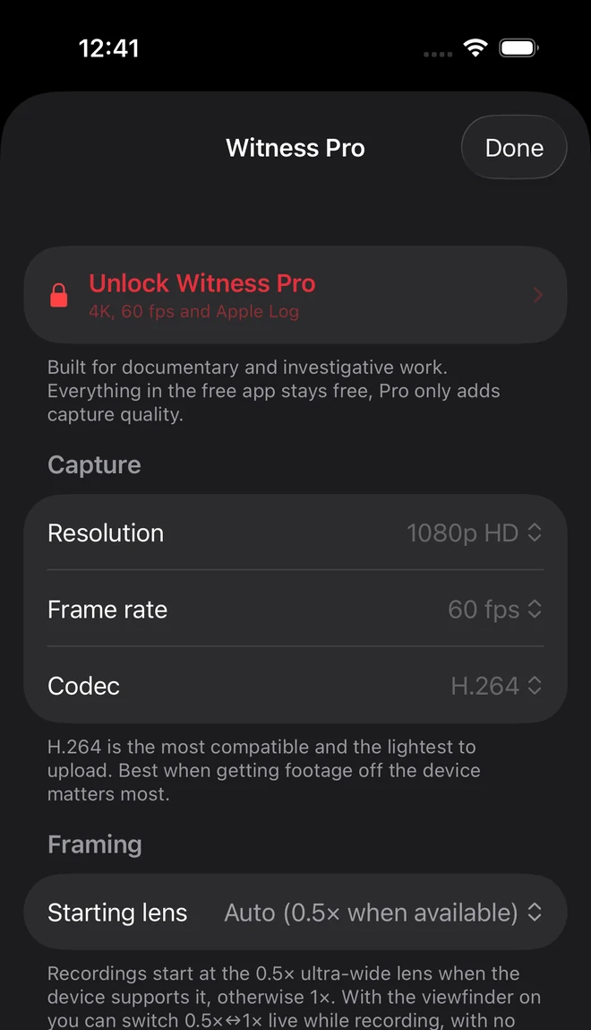 Witness Pro settings showing resolution, frame rate, codec and Apple Log options.