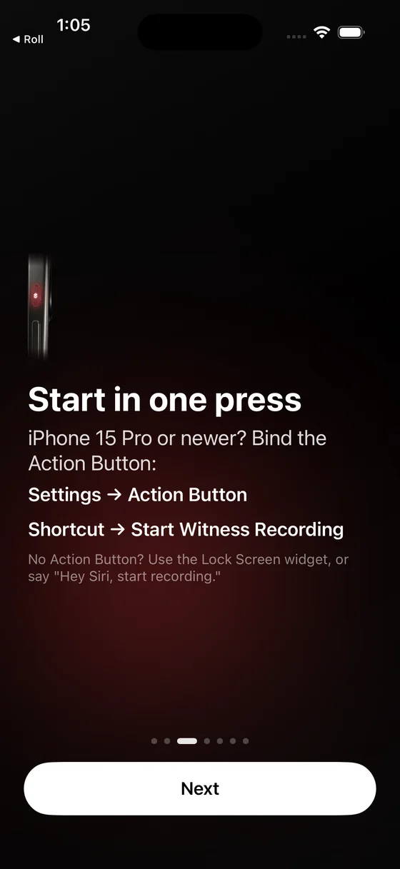 Start in one press: assigning recording to the iPhone Action Button.